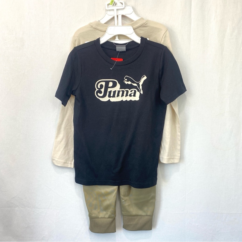 Puma NWT Boys 3-Piece Cotton Jersey SS/LS Jogger Set Tan Olive Black size 4T